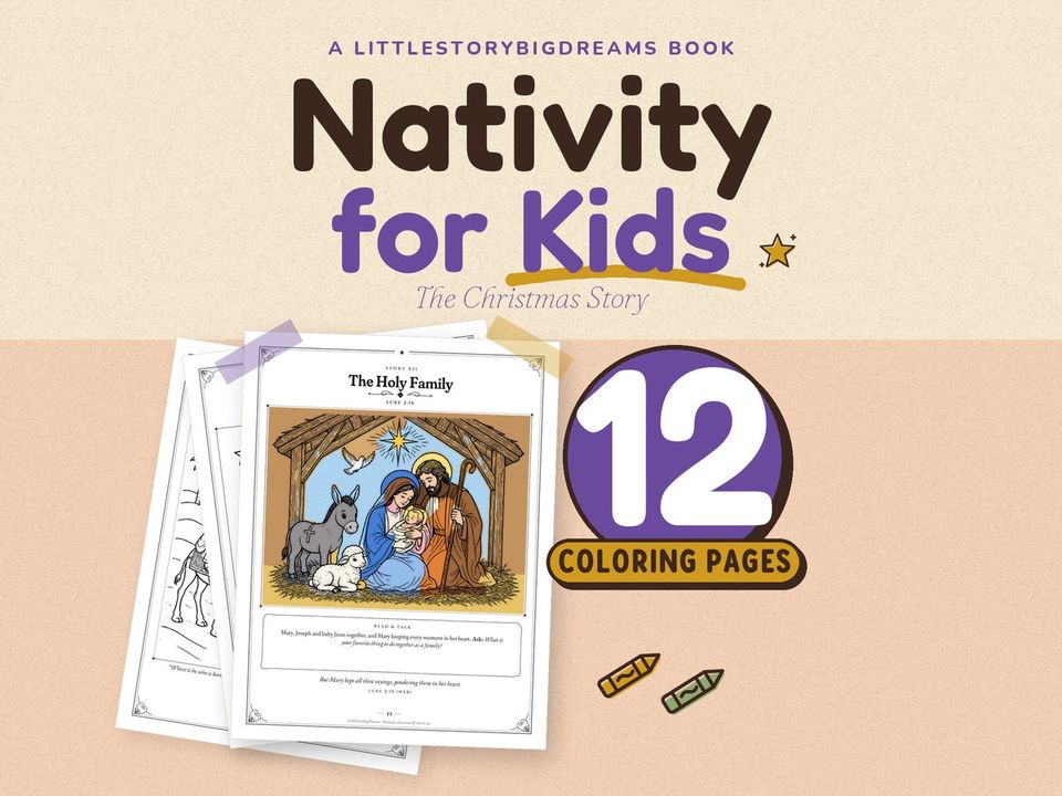 The First Christmas Nativity coloring book for kids, 12 story pages and activity pages.