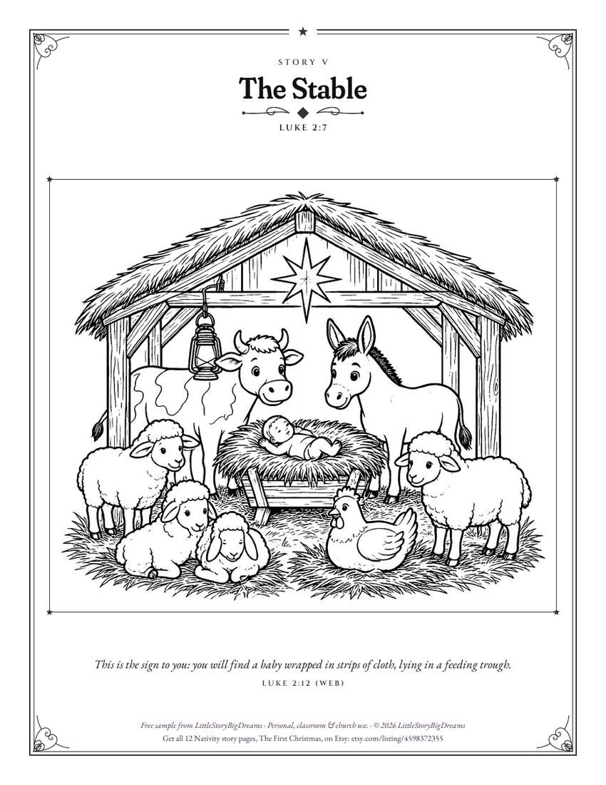 Coloring page: The Stable. A wooden stable with a star above, a cow, donkey, sheep, a hen and baby Jesus in the manger. Luke 2:12 below.