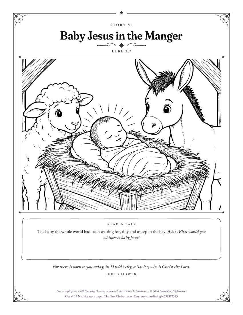 Baby Jesus in the Manger coloring page: baby Jesus sleeping in the hay with a lamb and a donkey, with Luke 2:11 below.
