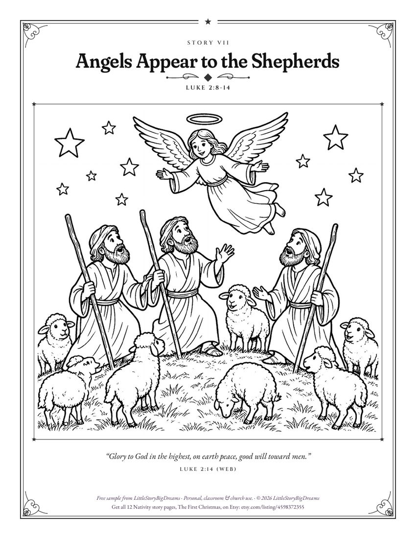 Coloring page: Angels Appear to the Shepherds. An angel in a starry sky above three shepherds and their sheep. Luke 2:14 below.