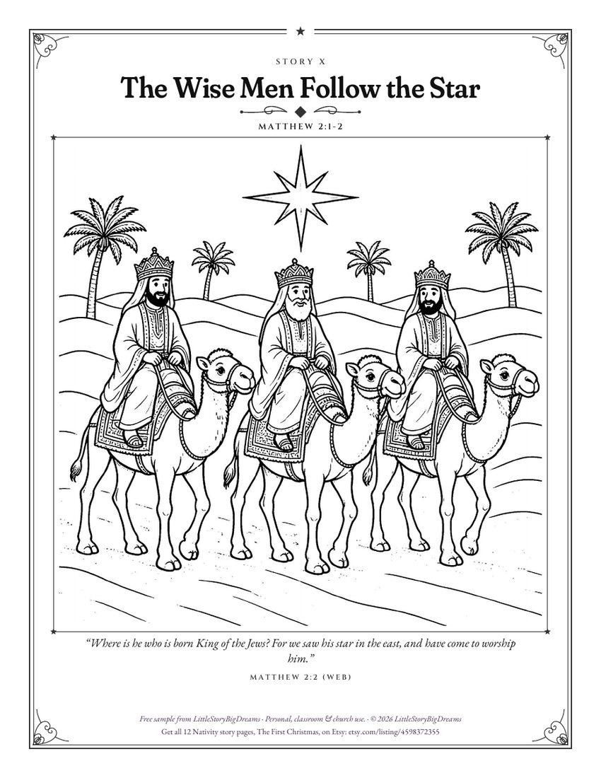 The Wise Men Follow the Star coloring page: three wise men on camels under a big star.