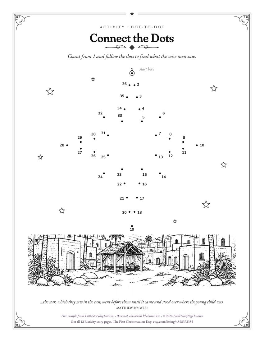 Activity page: Connect the Dots. Numbered dots 1 to 36 over Bethlehem make the star the wise men saw. Matthew 2:9 below.